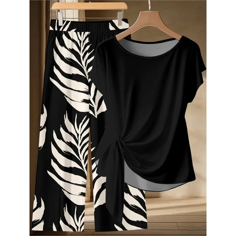 Women's Black Side-Twist T-Shirt And Black White Leaf Print Wide-Leg Pants Two-Piece Set Casual Lazy Style Outfit