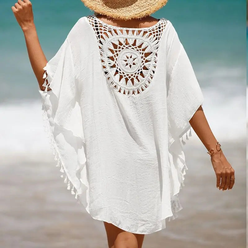 Women Casual Bohemian Holiday Outfits Beachwear Bikini Cover Up Summer Solid Color Hollow Out Beach Dress
