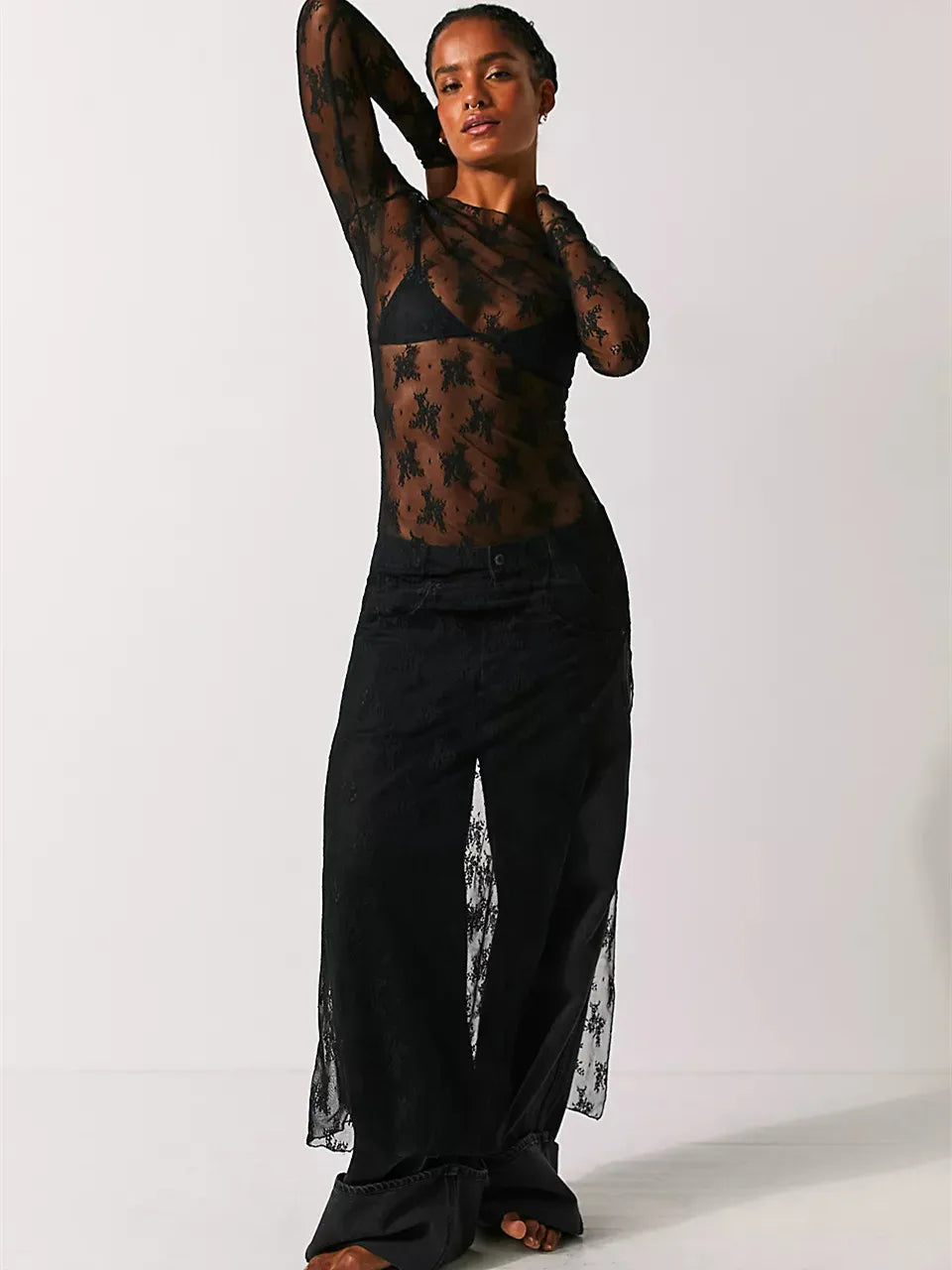 hirigin Womens Y2K Sheer Lace Maxi Dress Long Sleeve See Through Mesh Floral Lace Split Bodycon Dress Beach Coverups Party Dress