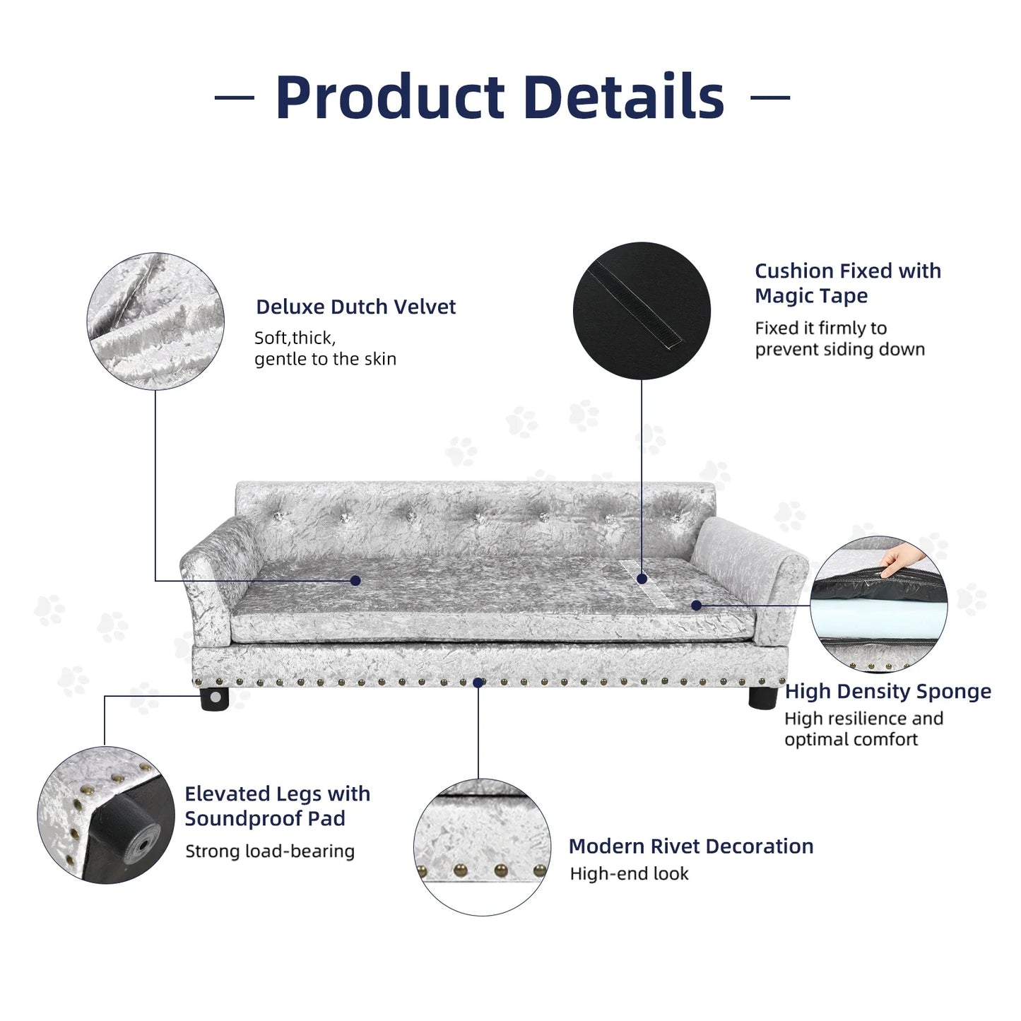 Luxury Velvet Tufted Dog Sofa Bed Large Elevated Pet Bed Upholstered Cushion Wooden Frame Raised Puppy Sofa Couch