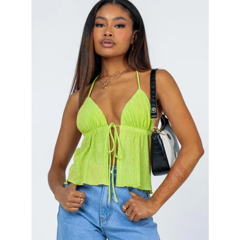 Vest Y2K Top Clubwear New Halter Lace-up Camisole Sexy Lady Backless Tanks Summer Split Crop Top Camis Tank  New