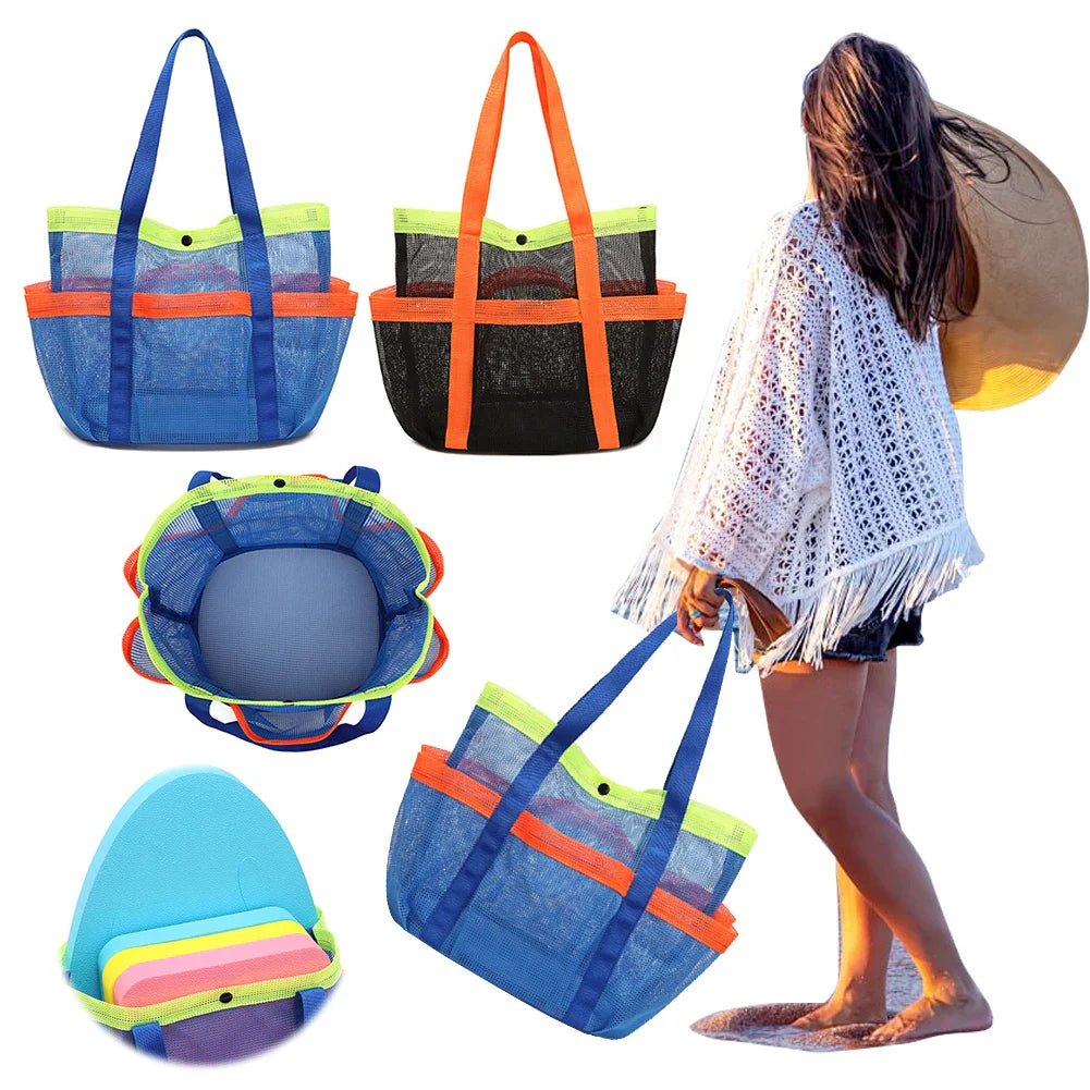 Mesh Beach Bag Large Beach Tote Bag Lightweight Sand Toy Organizer Bag Waterproof 7 Pockets for Cruise Swim Vacation Essentials