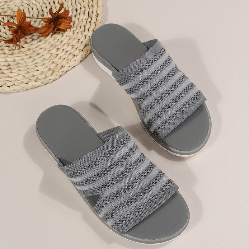Slippers Women's 2022 Summer New Fashion Open-toe Hollow Round Head Flip-flops Flat Bottom Gray Fish Mouth Wedge Sandalias Mujer