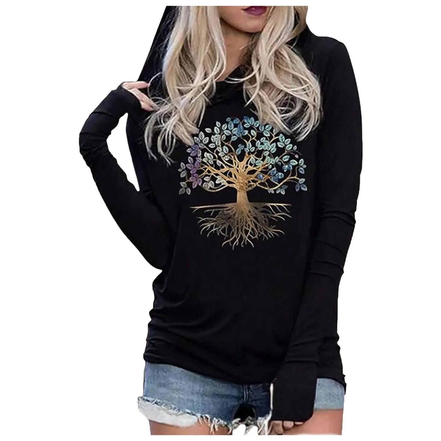 Halloween Graphic Long Sleeve Hooded T-Shirt Black Gothic Classic Vintage T-Shirt Moon Bat Tombstone Print Casual Y2k Clothes
