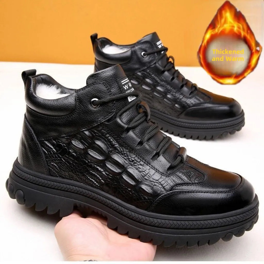 Men Winter High Top Cotton Shoes, Warm Fleece Lined Anti-Slip Casual Shoes for Elderly.