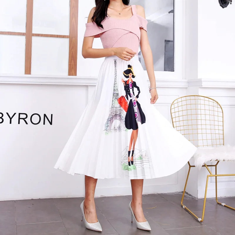 2023 Summer Women Cartoon Print Pleated Skirts A Line High Waisted Elastic Midi Long Skirt Ladies Party Korean Style Dresses