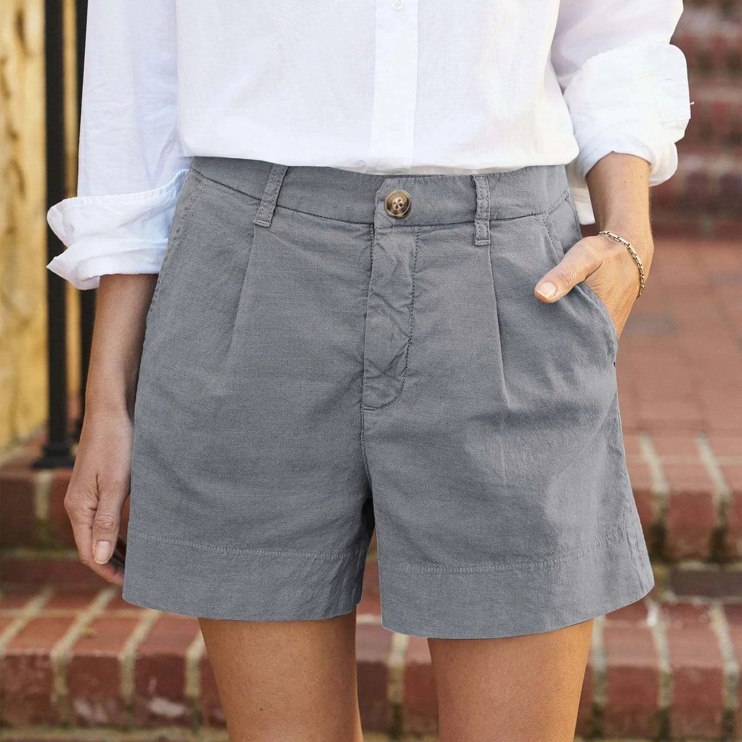 Women'S Summer Shorts Soft Stretch Twill Shorts With Side Pockets Classic Solid Straight Button Daily Commute Comfy Shorts