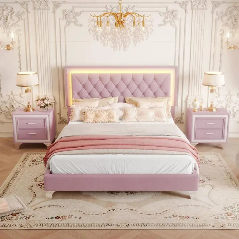 3-Piece Bedroom Set, Queen Size Upholstered Bed with LED Lighting & 2 Nightstands.