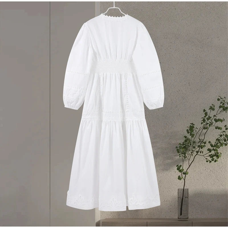 Elegant Lace Hollow Out Women's Long Dress Solid V-neck Patchwork Puff Sleeve Bodycon Dressess Female 2025 Spring New Lady Robes