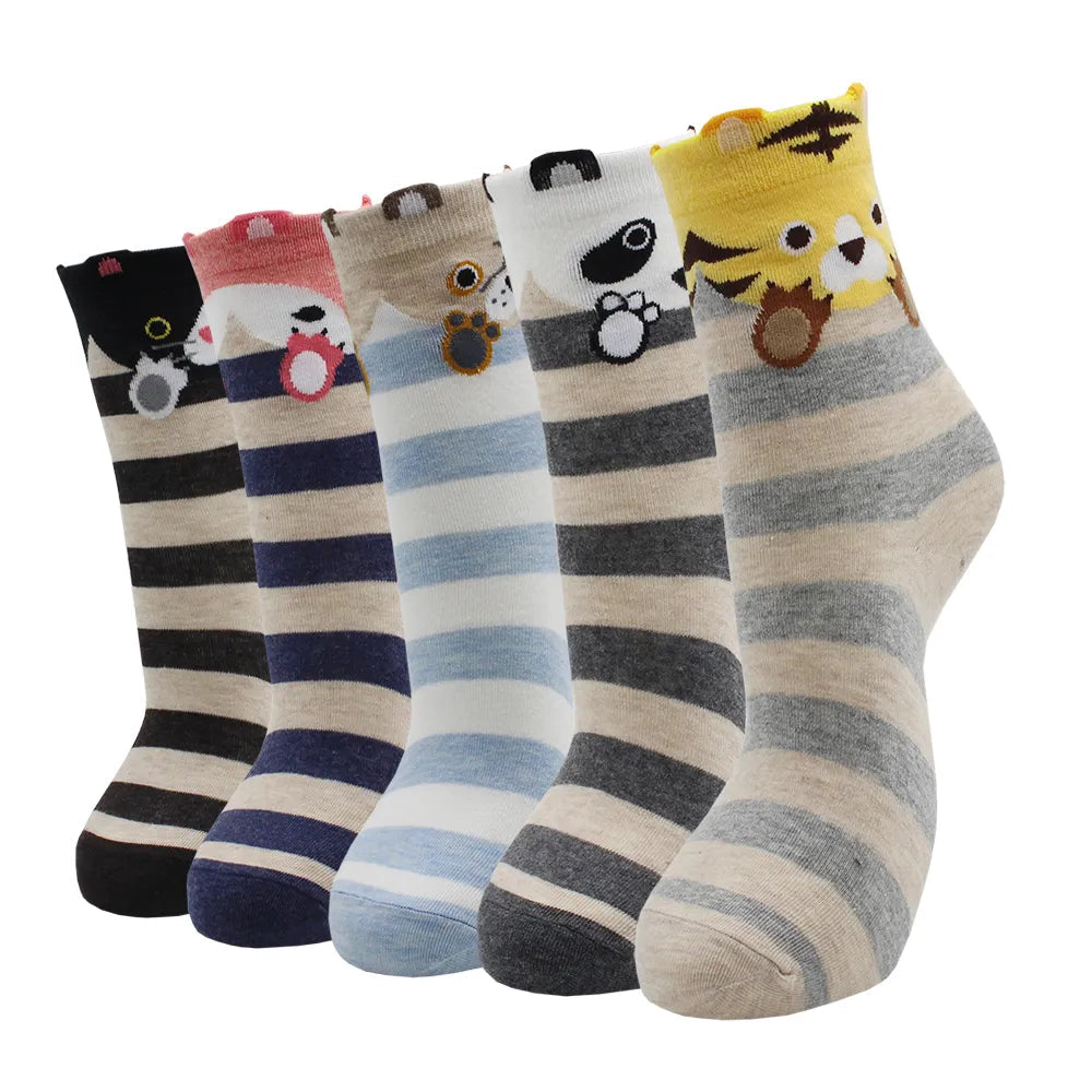5 Pairs Fashion Colorful Kawaii Cute Cartoon Cotton Women Socks Harajuku Korean Halloween Cat Dog Owl Duck Fox Girl Socks