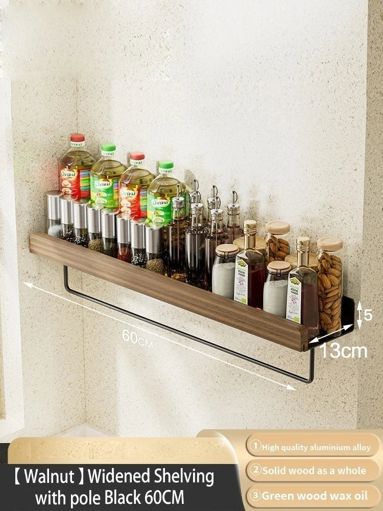 Wood Kitchen Organizer Mounted Spice Rack Kitchen Storage with Hooks for Condiments Kitchen Accessories
