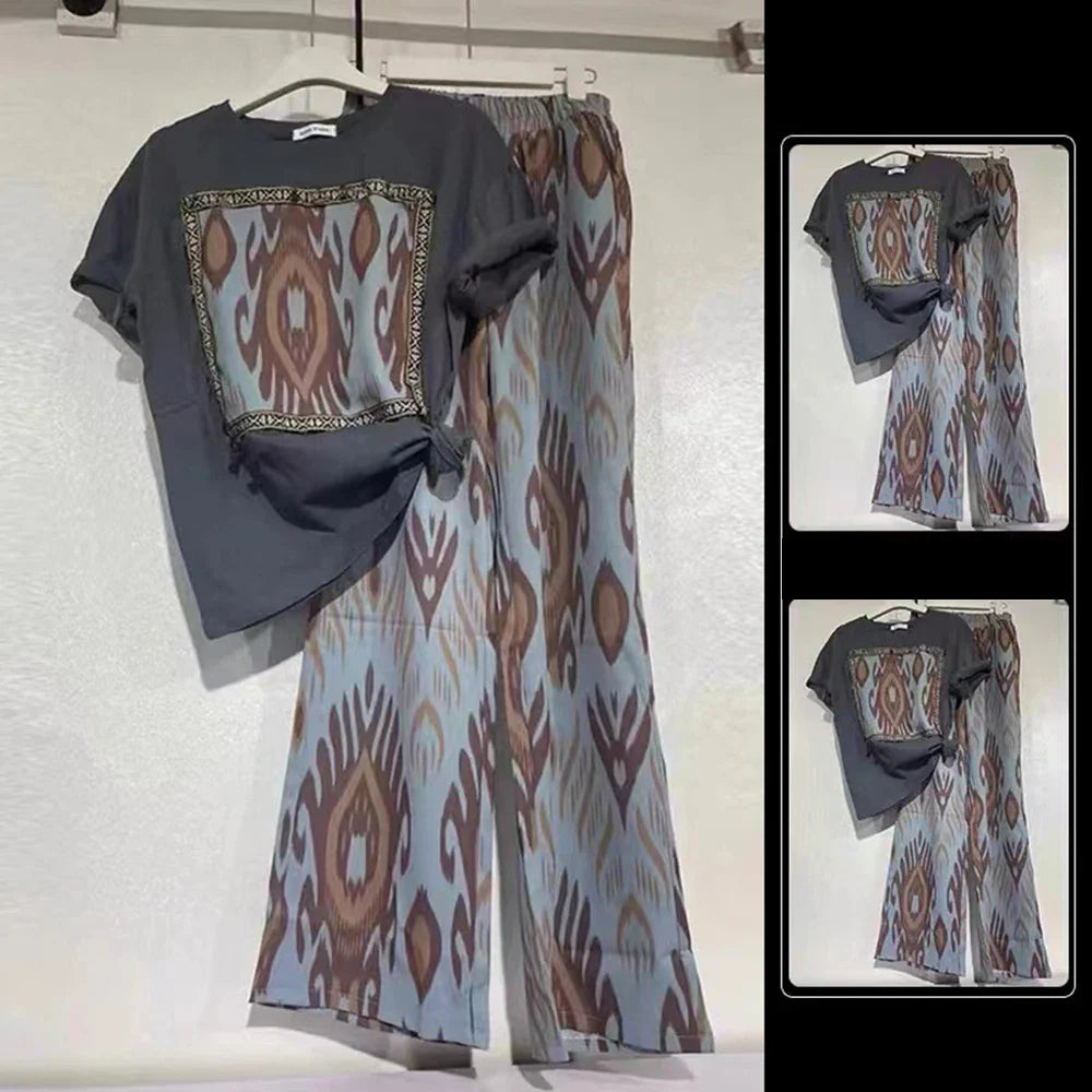 Fashion 2piece Set Women's Summer Thin O-neck Short Curled Sleeves Printed Patchwork T-shirt+Elastic Loose Wide Leg Pants