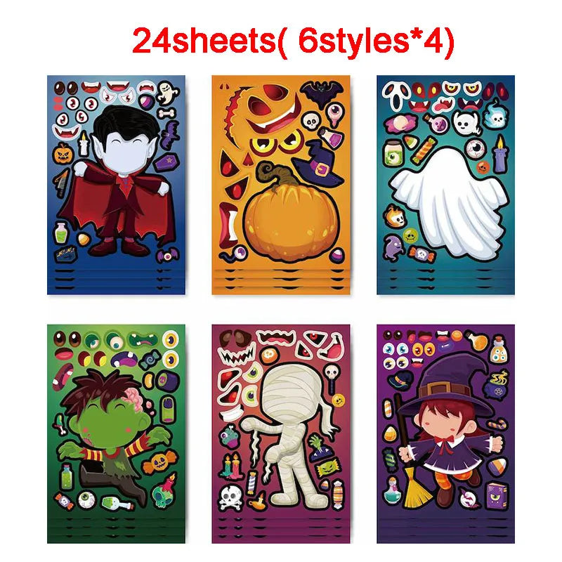Halloween Party Favors Stickers for Kids 6-24sheets DIY Ghost Witch Mummy Make A Face Stickers Children Toddles Puzzle Jigsaw