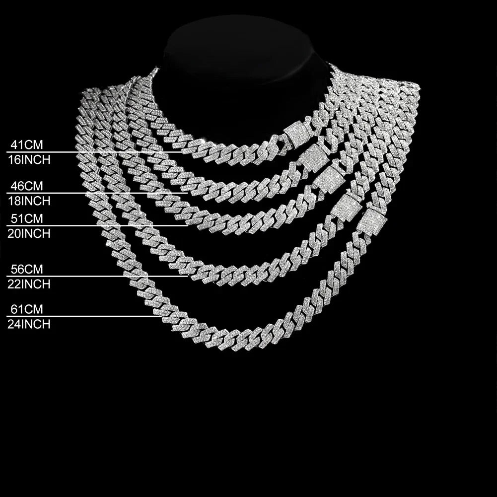 14mm Iced Out  Prong Cuban Link Chain Necklace for Men Women 2 Row Rhinestone Paved Miami Rhombus Hip Hop Jewelry Wholesale