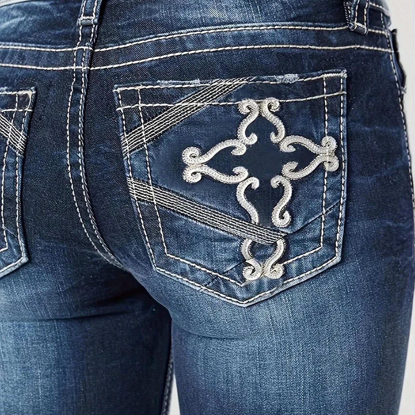 Womens Jeans Mid Waisted Straight Leg Long Pants Stretch Juniors Jeans Washed Back Pocket Embroidered Slim Fit Jeans For Women
