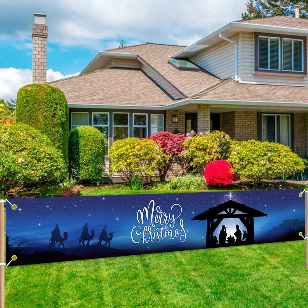 Merry Christmas Banner 300cm/9.8ft Long Navidad Porch Sign Hanging Decorative Flag for Xmas Party Decor рождественский баннер