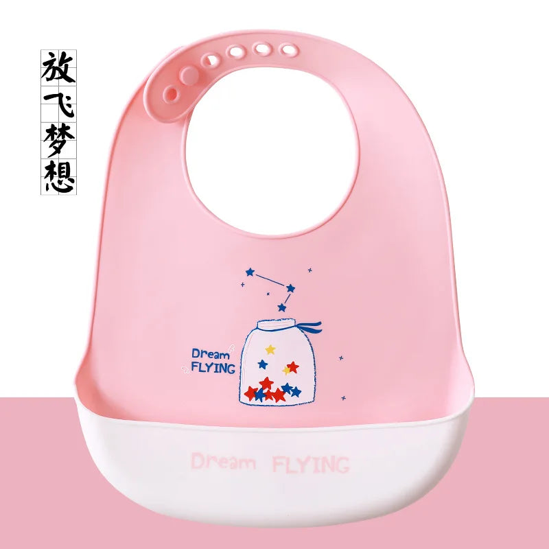 Cute Baby Bibs Waterproof Silicone Bib Infant Toddler Feeding Saliva Towel Cartoon Adjustable Children Apron with Pocket Scarf
