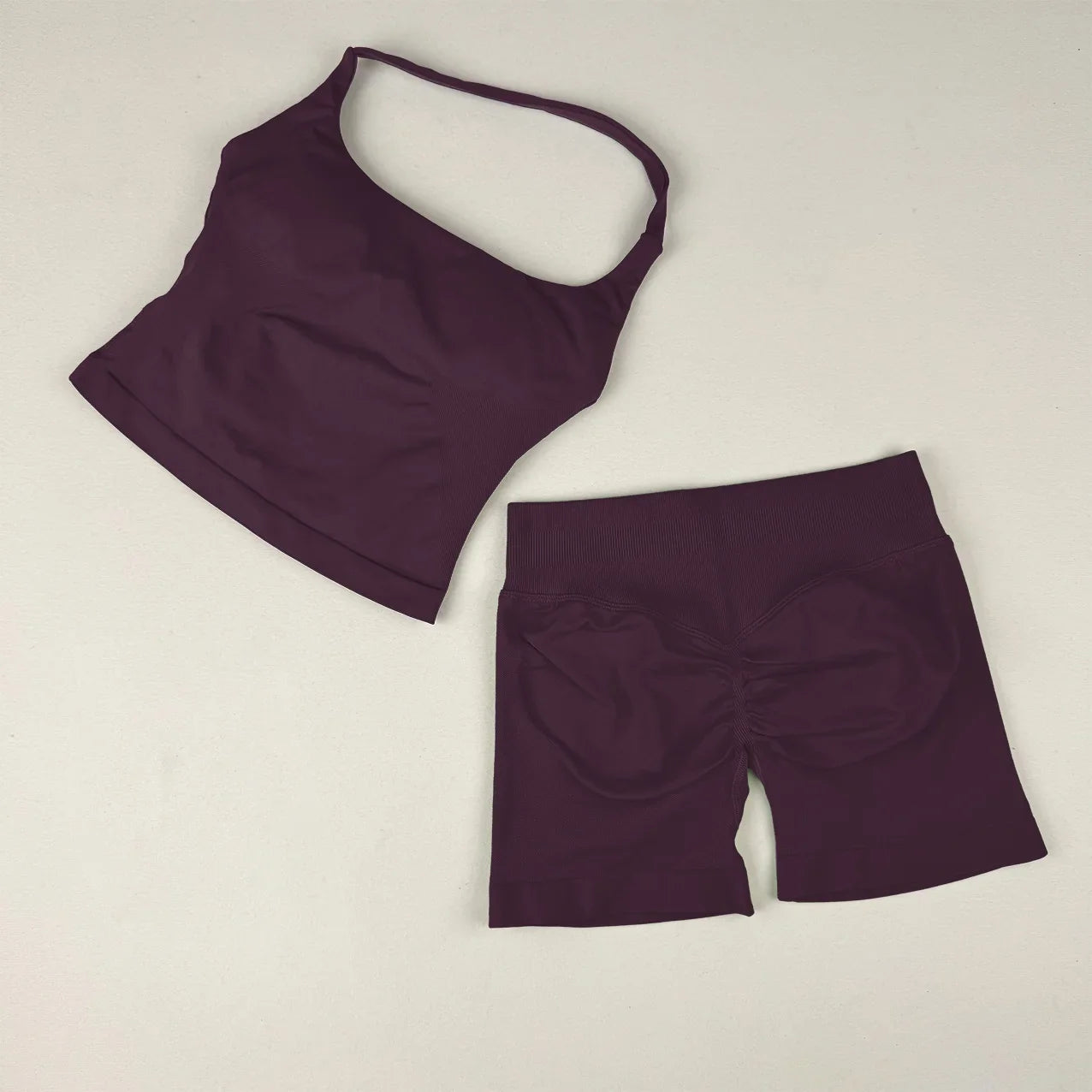 VEQKING Seamless 2pcs Women Yoga Sets Open Back Longline Sports Halter Bras Running Tank Tops Scrunch Butt Gym Workourt Shorts