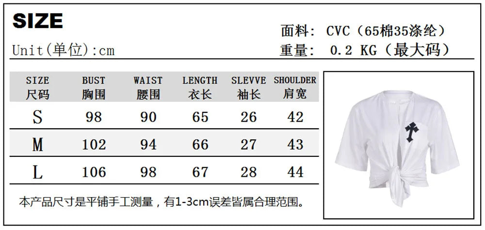 Perl White Cross Hollow Out Shirts for Women Summer Short Sleeve Female Clothes Fashion Christianity Pattern Crop Top Casual Tee
