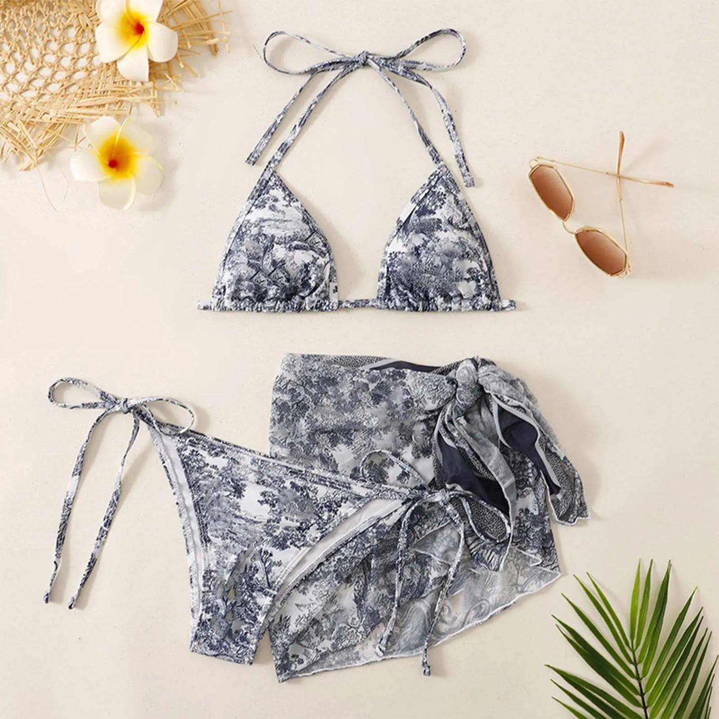 Female Bathing Suit Women'S 3 Piece Ink Wash Tie Dye Bikini Set With Sheer Sunscreen Poncho Swimsuit 2024 Summer Beach Wear