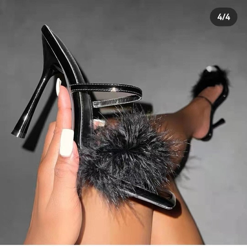 Women's Sexy High Heels Pink Plush Fashion Sandals 2022 Summer New Pointed Fish Mouth Shoes Design Women's Stiletto High Heels