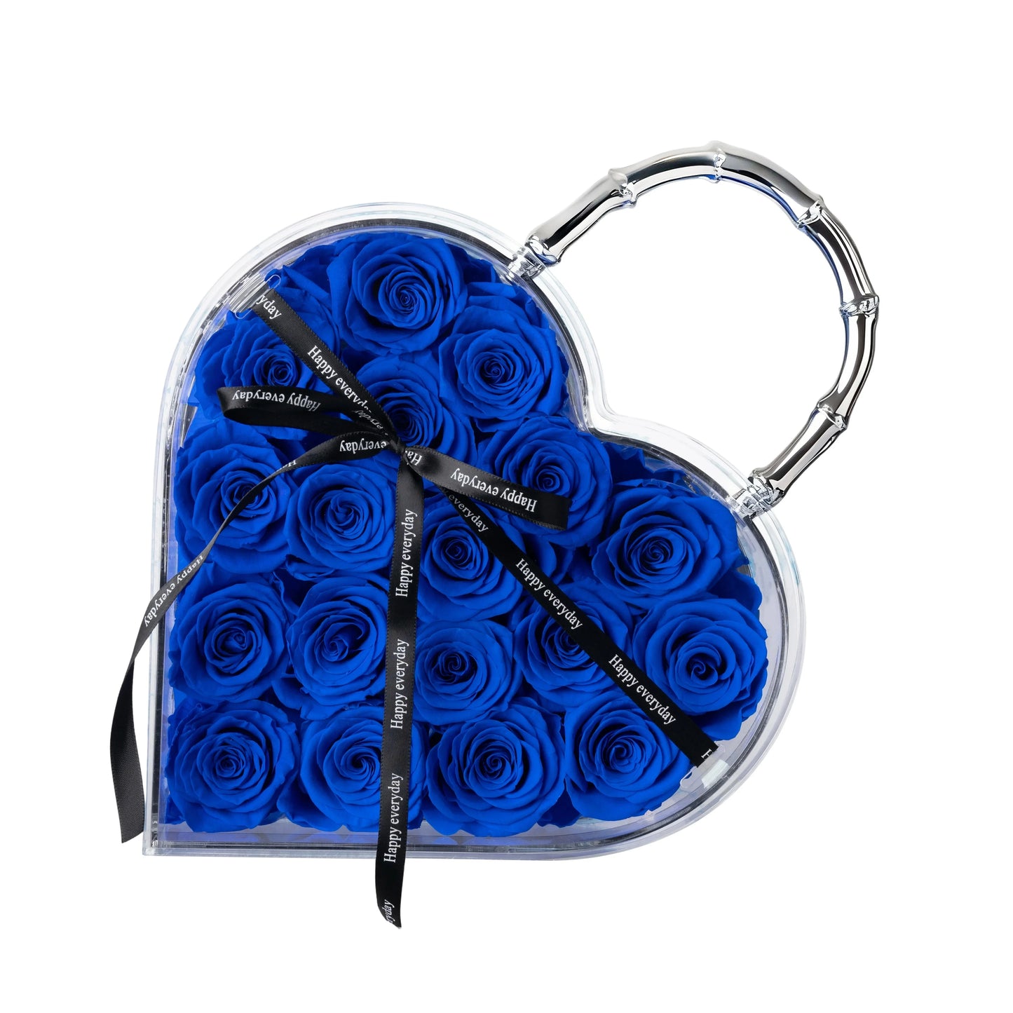 18 Preserved Roses in Heart Acrylic Display Case with Handle, Home Decor & Holiday Gift for Women, Anniversary, Valentine’s Day