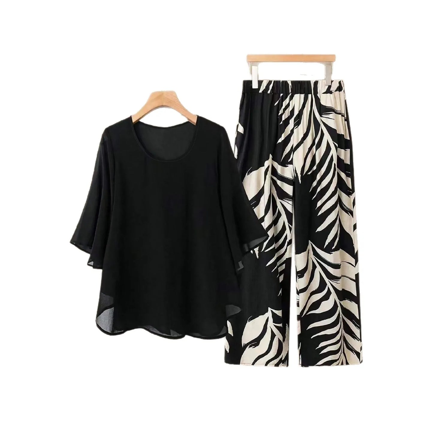 Lady Colorful O Neck Loose Suit Casual Chiffon Set Three Quarter Sleeve Top Wide Leg Pants Women Outfit Comfortable 2 Piece Sets