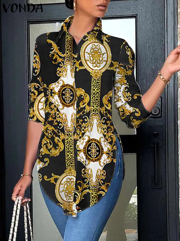 2023 VONDA Casual Shirts Autumn Women Buttons Long Sleeve Blouses Asymmetrical Hem Loose Tops Ladies Solid Color Elegant Blusas