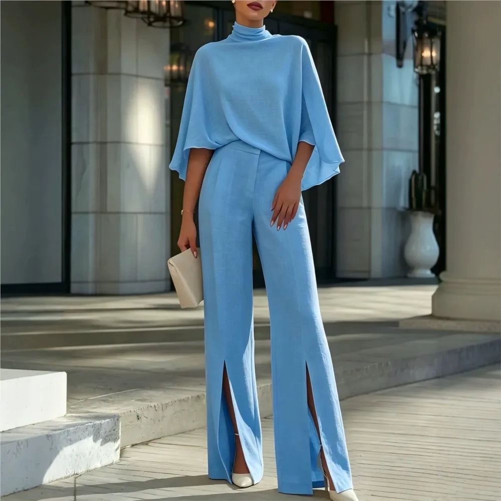 Autumn Women's Half Turtleneck Shawl Top Fashion Slit Wide Leg Trousers 2piece Suit Elegant Slim Fit Female Office Trousers Suit