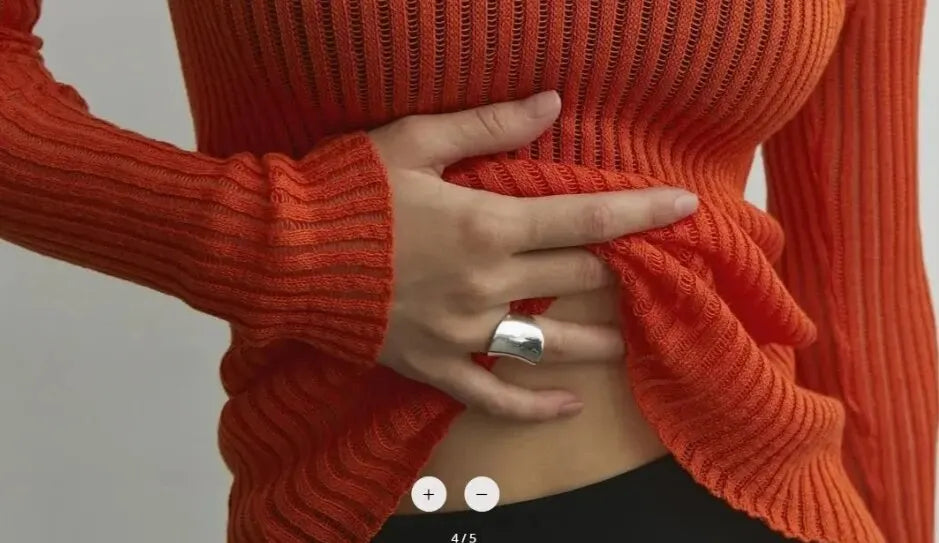 Solid Long sleeve round Neck Rib Knitted Cut Sweater