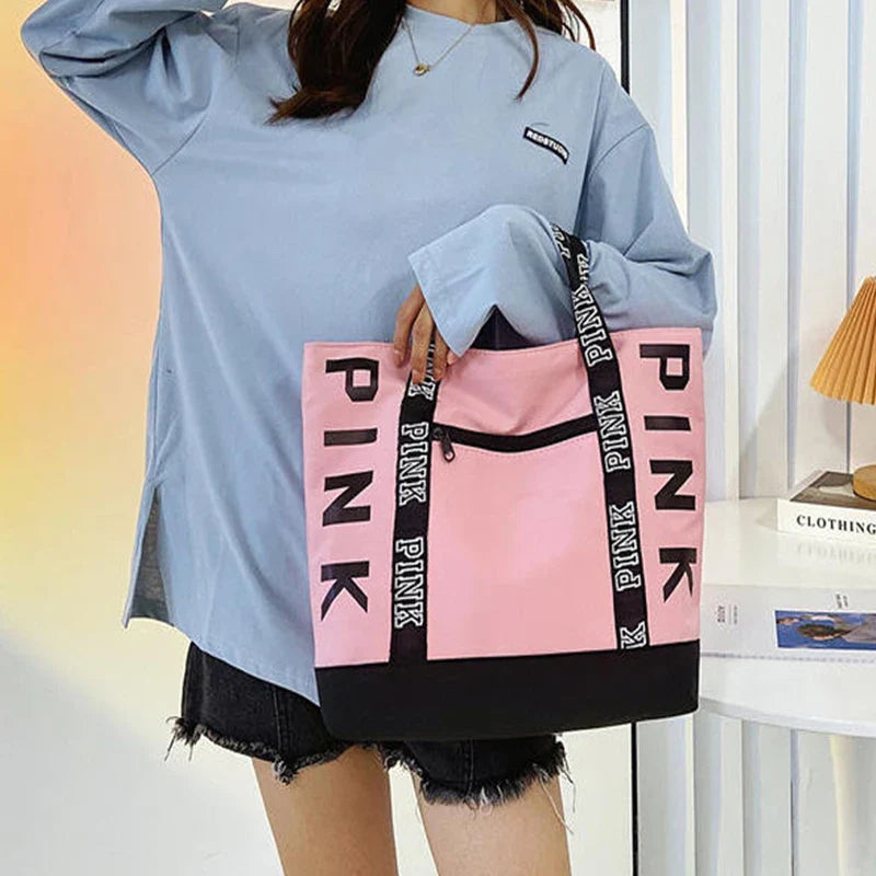 Tote Bag Capacity Canvas Women HandbagWoman Shoulder Bags Colorblock Pink Letter Graphic Tote Handbags Casual Sports Fitness