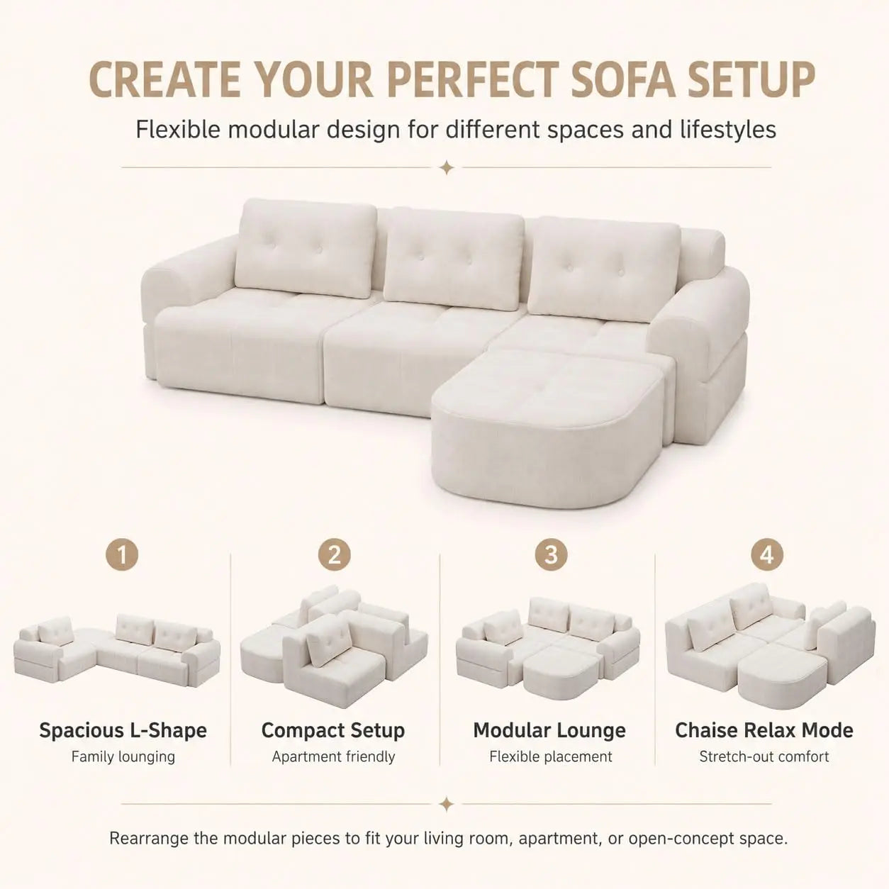 110" Boneless Chenille Cloud Sofa with Chaise, 4 Seater L-Shaped Modular Sectional for Living Room, Beige-White, Customized