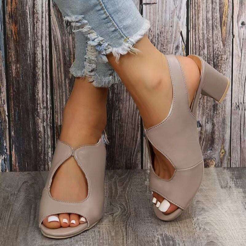 Summer New Sexy Beach Fish Mouth Sandals Fashion Hollow Thick Heels High Casual Open Toe Trend Women Shoes Plus Size 35~43