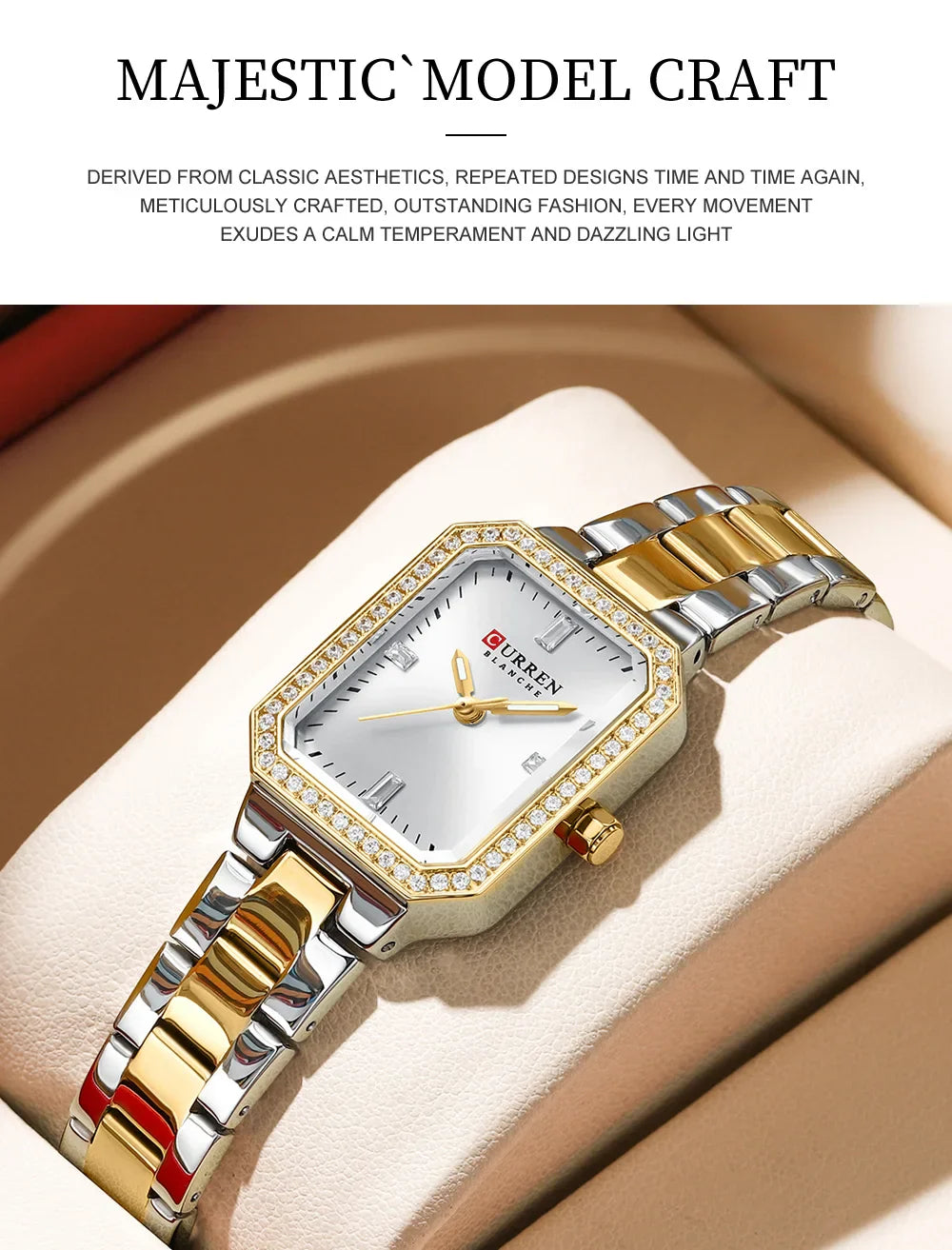 CURREN Luxurious Elegant Women's Watches Classic Rectangular Dial with Rhinestones Luminous Hands Waterproof