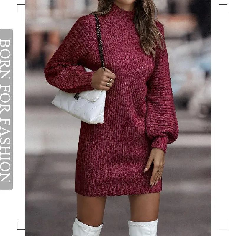 Vintage Winter Knitted Dress Ladies Chic Turtleneck Lantern Long Sleeve Mini Sweater Dresses for Women New Arrival 2023 Clothes