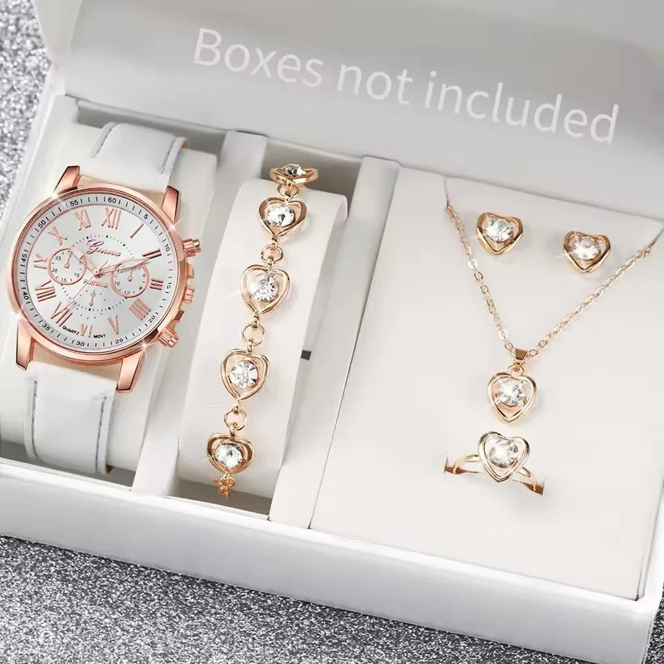 Fashion Women's Quartz Watch Leather Band Analog Wrist Watches Heart Rhinestone Jewelry Set(With Exquisite Gift Box)