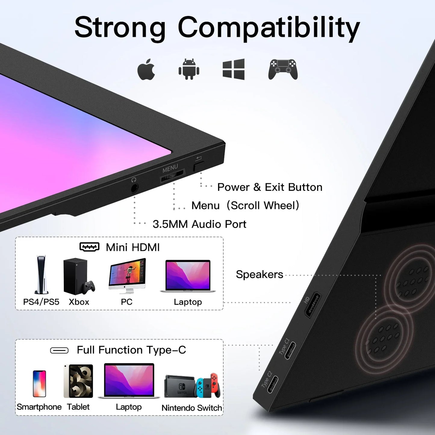 15.6 inch Portable Monitor for Laptop,1080P 72 NTSC 100S RGB USB C, HDMI Travel External Second Computer Screen with HDR.