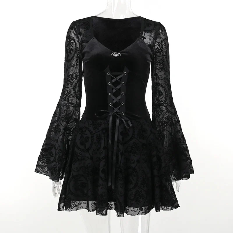 Gothic Style Dark Bell Sleeve Mesh Flocking Long Sleeve Dress Women's A-Line Skirt Halloween Costume