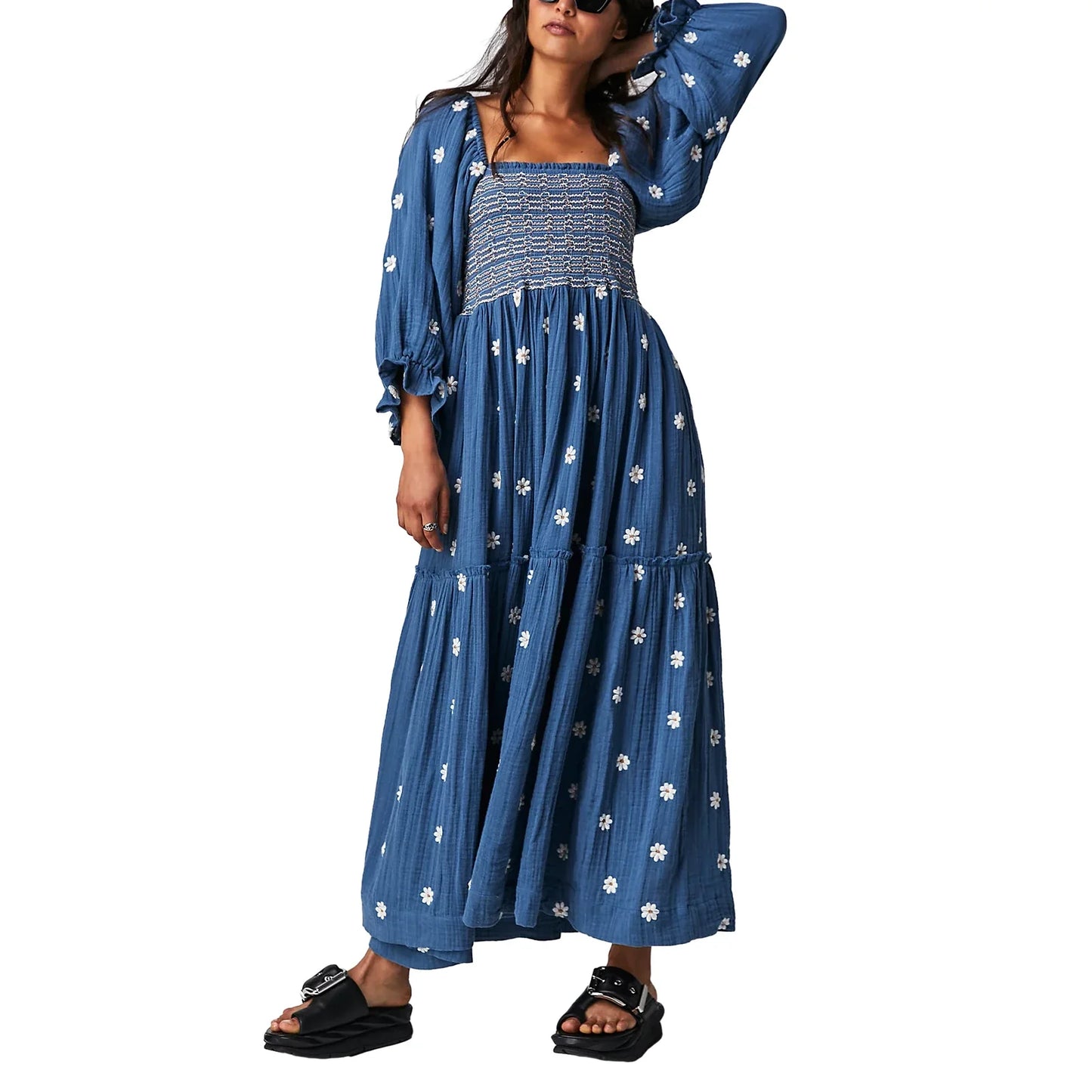 Casual Ladies Floral Print 3/4 Sleeve Loose Dress Summer Square Neck Long Dress Bohemian Women's A-Line Sundress 2023 Streetwear