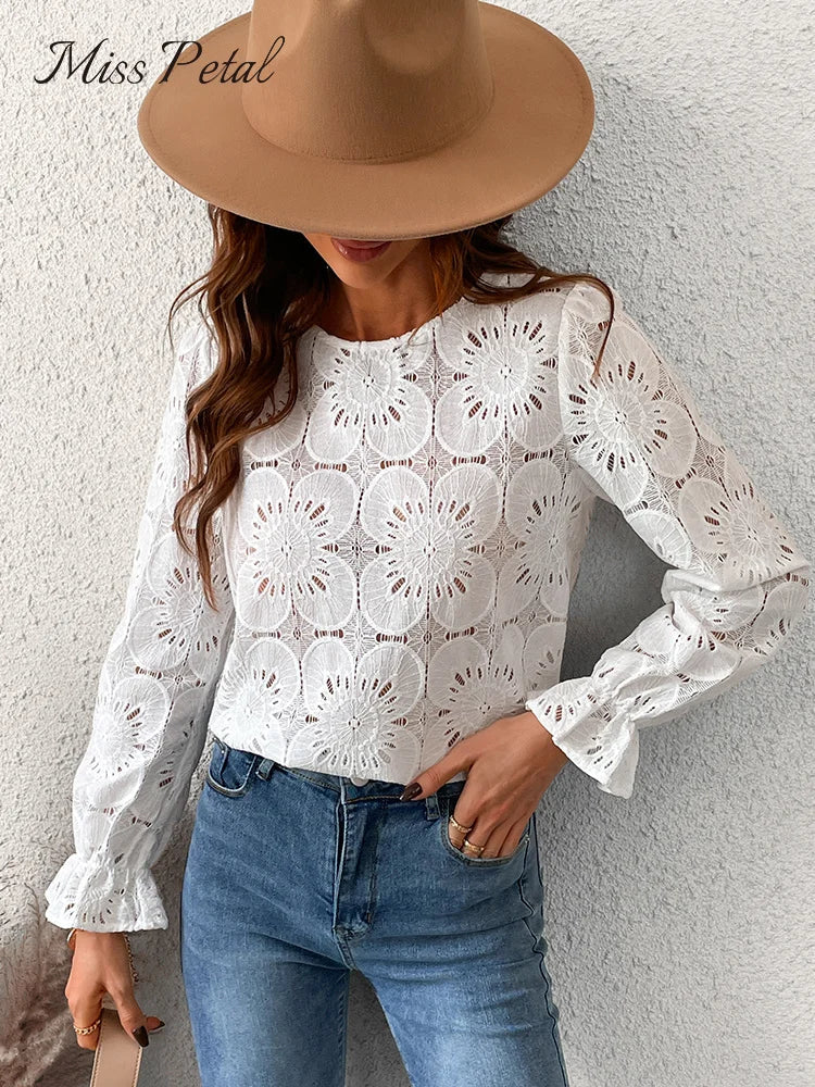 White Floral Eyelet Embroidery Blouse Top For Women Casual O-neck Long Sleeve T-shirt 2023 Spring Autumn Tee Shirts Streetwear