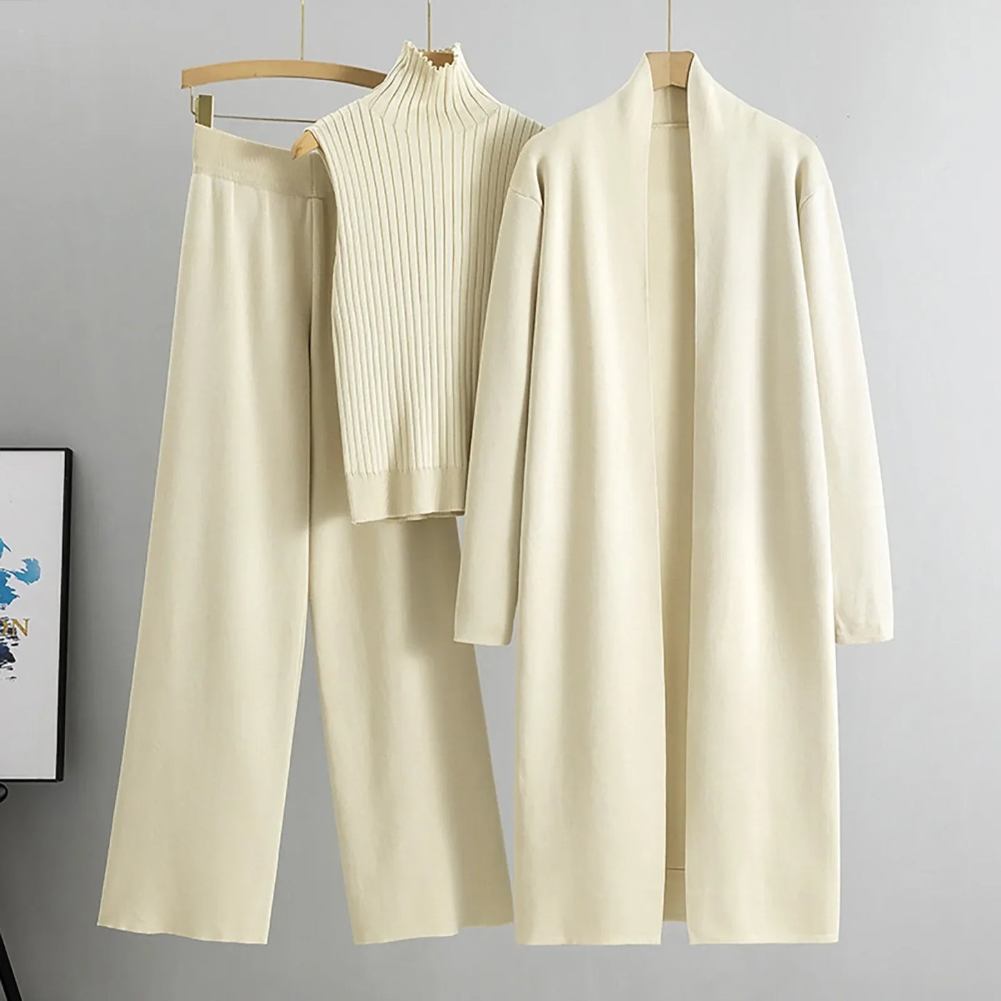 Ladies 3 Piece Outfits Sweater Sets Pullover Crop Top & Knitted Long Cardigan & Wide Leg Pants Suits Autumn Clothes Sets