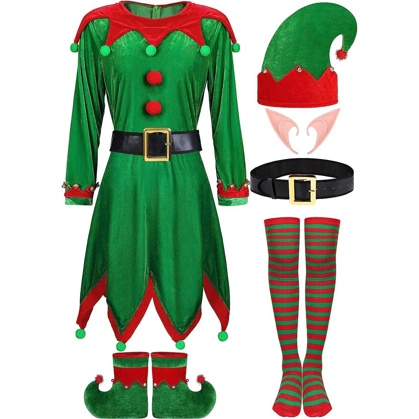 Women Girl Elf Outfits Christmas Hat Boot Belt Dress Stocking Costume Elf Cosplay Outfits for Themed Party