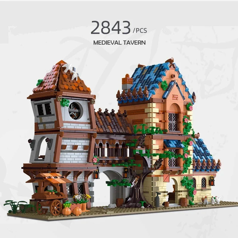 2843PCS Medieval Tavern Building Block Creative City Street View MOC Model Bricks Creative Desktop Ornaments Toys Gifts For Kids