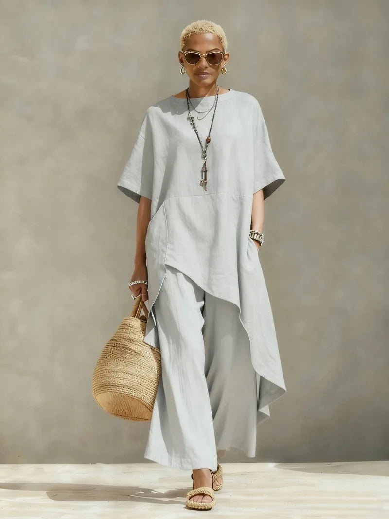 Women Cotton Linen Pant Sets 2 Pieces Casual Half Sleeve Solid Loose Irregular Blouse Elastic Waist Wide Leg Full Trousers Suits