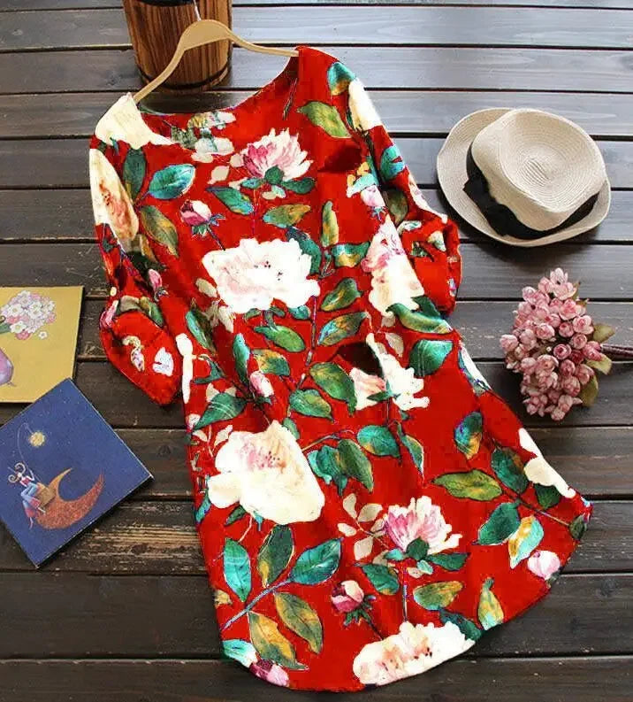 2023 New Women Loose Floral Print Dress Ladies Mini Dress Summer Casual Party Dresses Long Sleeve Dress Plus Size