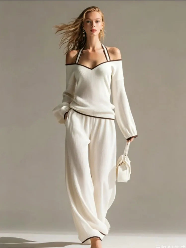 Women Sexy Off-shoulder Long-sleeved T-shirt Trousers 2piece Set Fashion Loose Elegant Color-blocked Pocket Trousers Female Suit