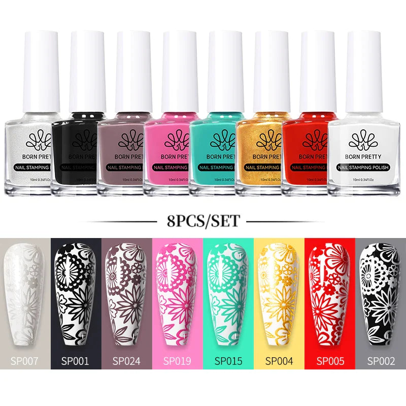 BORN PRETTY 10ml Stamping Nail Polish Set Gold Silver Black White Color Nail Printing Polish DIY for Nail Plate Design Varnish