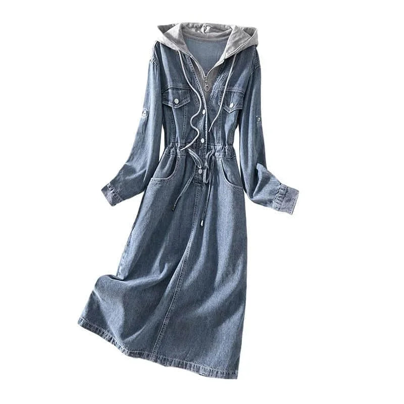 Denim Women Dress Vintage Casual Long Sleeve Lace-up Waist Korean Style Fake Two Pieces Mid-calf Shirt Dress for Women Clothing