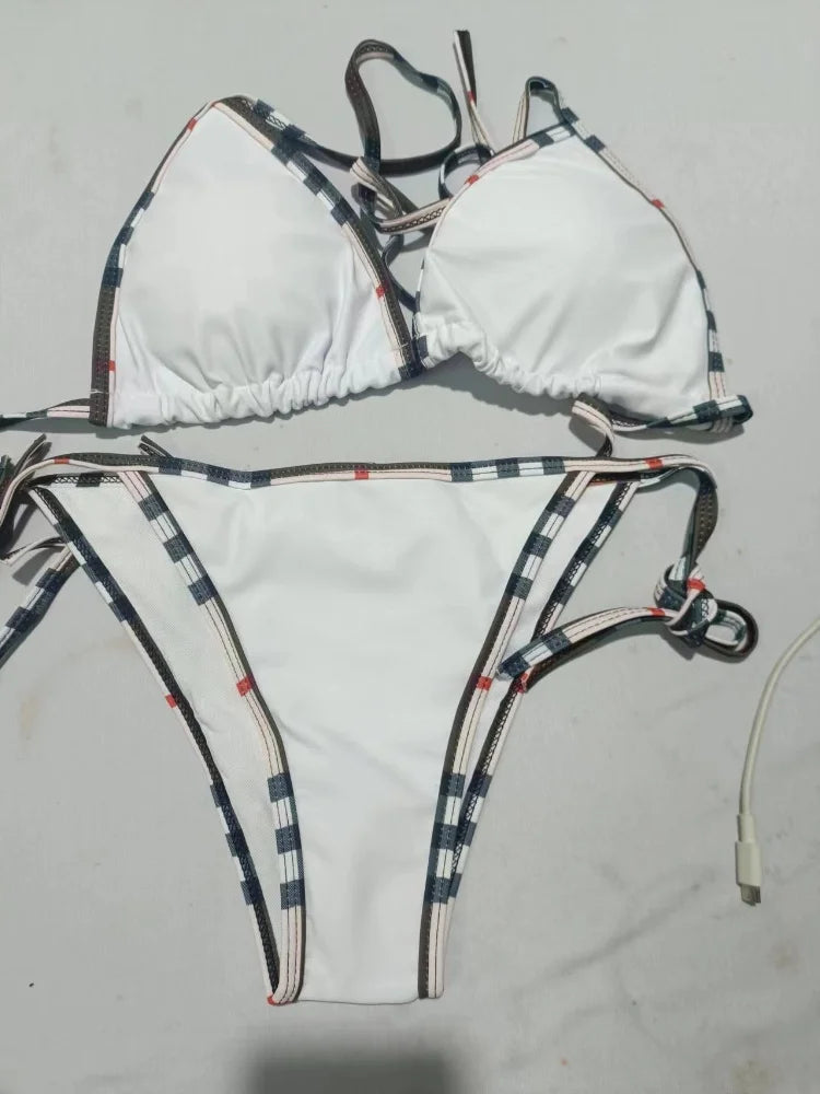 Summer Sexy Solid Color Women's Bikini Bra Thong 2 Piece Swimsuit Beachwear Brazilian Swimsuit Women's Lace-Up Side Biquini New