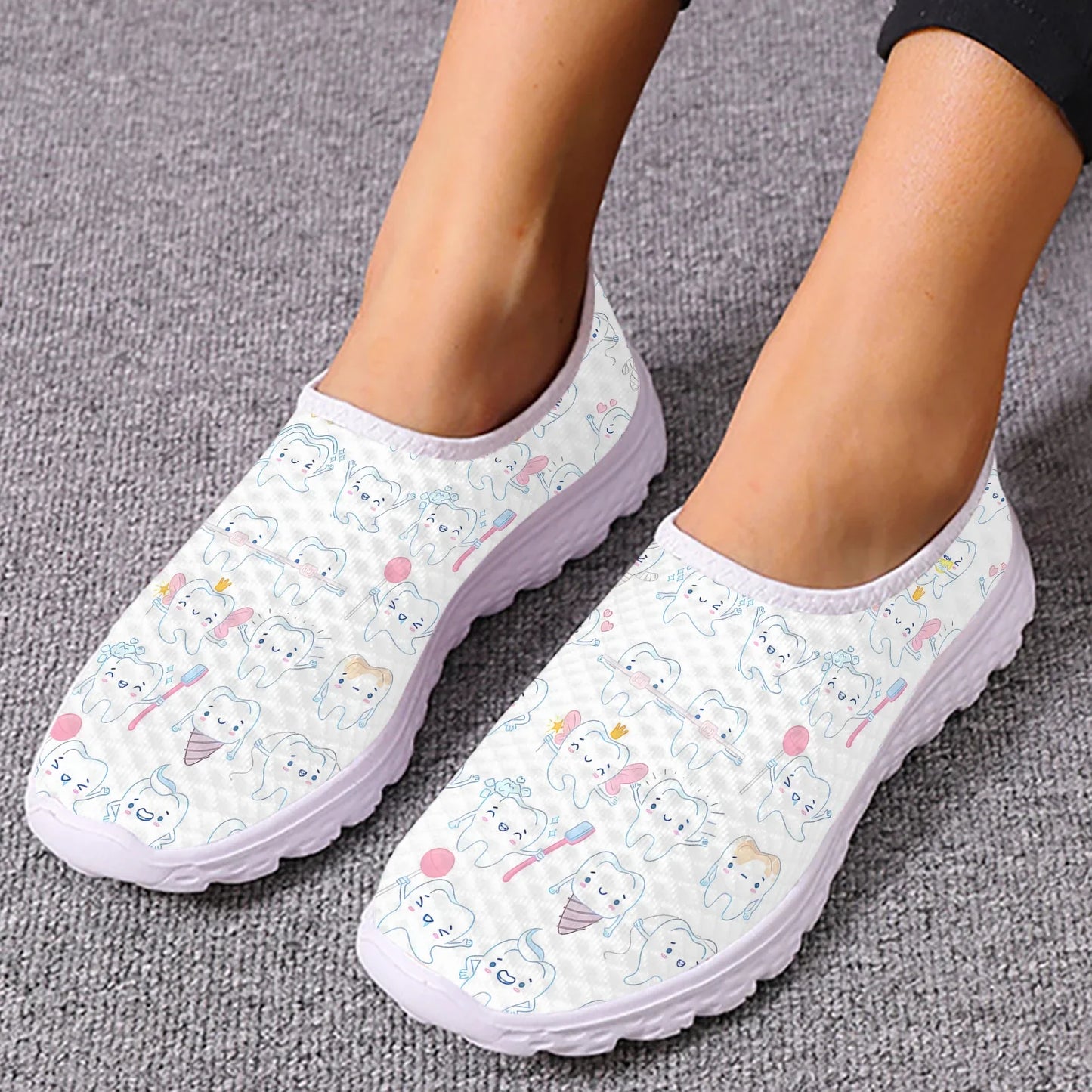 INSTANTARTS Cartoon Dental Loafers Pink Tooth Print Comfortable Breathable Shoes Medical Nurse Shoes Women's Slip On Shoes Flat